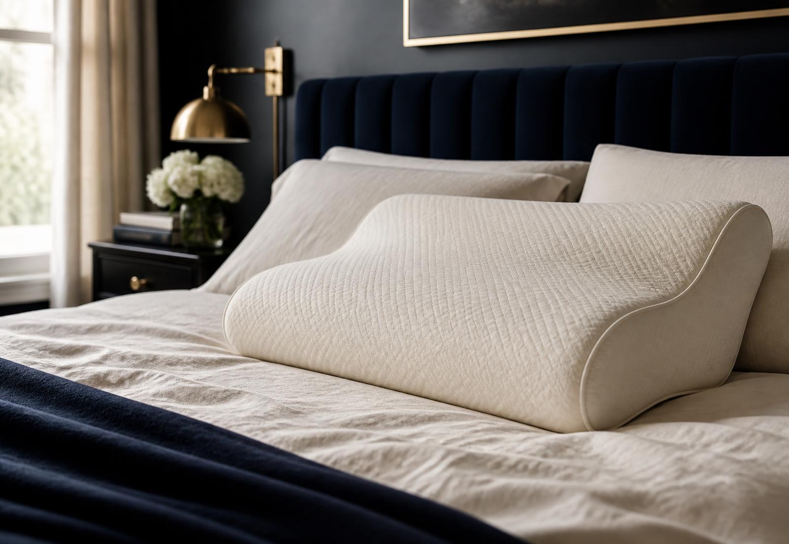Contoured ergonomic memory foam pillow resting on ivory linen bedding in a calm bedroom